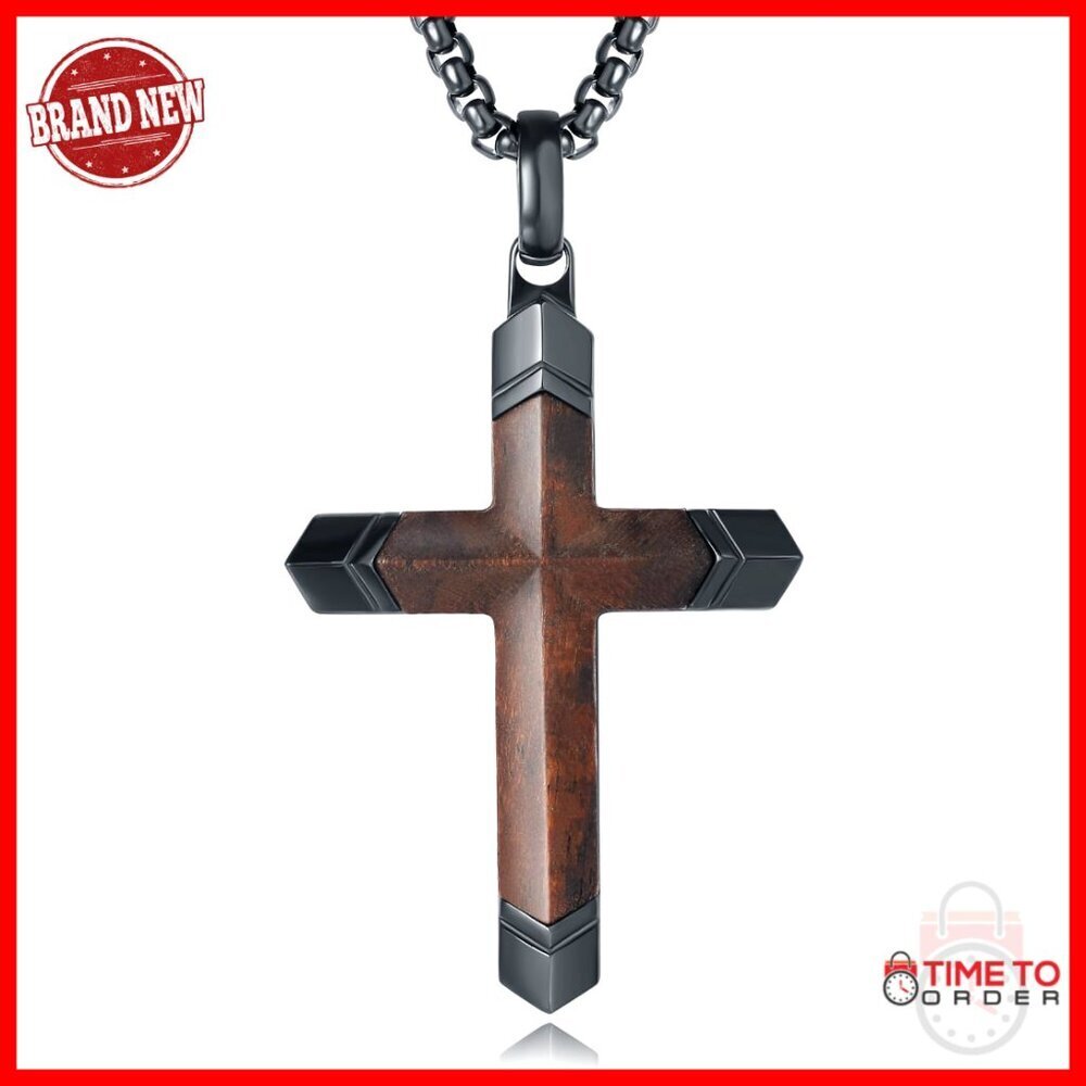 Men's Wood Cross Pendant Necklace with Ebony Inlay and 24" Chain